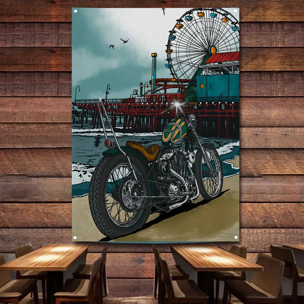 Seaside Motorcycle Art Poster  - Auto Repair Shop Banners review and price